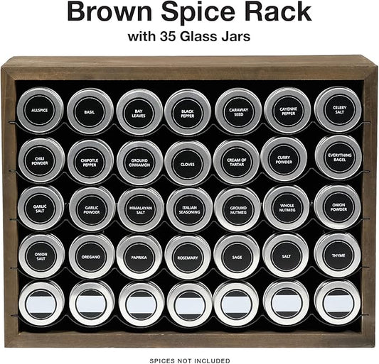 Excello Global Products Hanging Spice Rack - Includes 35 Glass Spice Jars and Accessories (Brown)