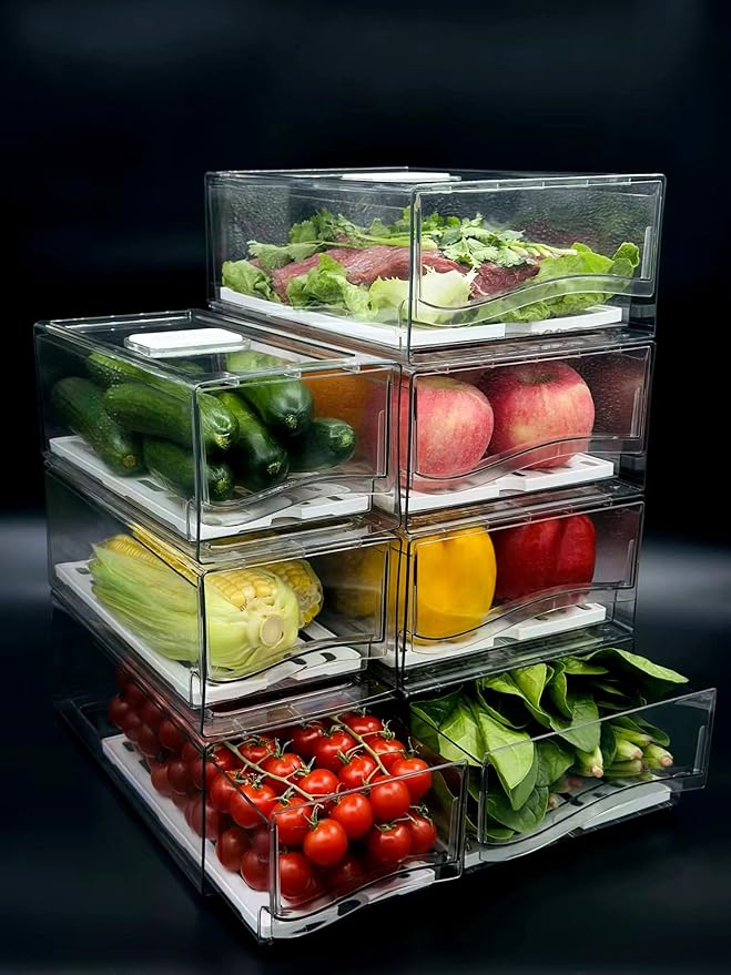 Refrigerator Organizers and Storage Drawer, Stackable Fruit Storage Containers for Fridge, Reusable Fridge Organizer fit for Kitchen Refrigerator and Restaurant Freezer (2 Drawers, Large)