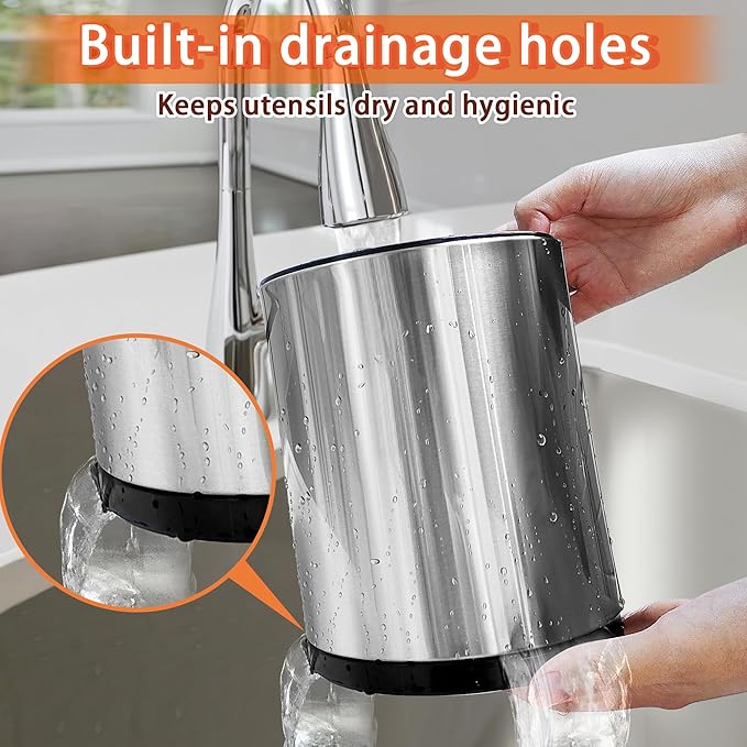 Stainless 360° Rotating Kitchen Utensil Holder,Large Counter Utensil Caddy, Cooking Spoon Stand Spatula Cutlery Metal Utensil Canister Tool Silverware Holder Rack For Countertop (Silver)