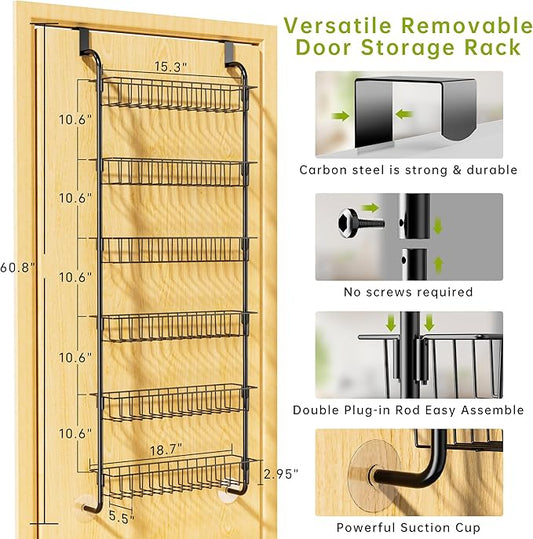 Over the Door Organizer, 6-Tier Kichen Organizer and Storage with Detachable Metal Baskets, Space Saving Hanging Spice Rack Organizer for Kitchen Pantry Bathroom Bedroom