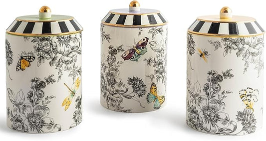 MACKENZIE-CHILDS Set of 3 Ceramic Canisters, Lidded Kitchen Canister Set, Butterfly Toile