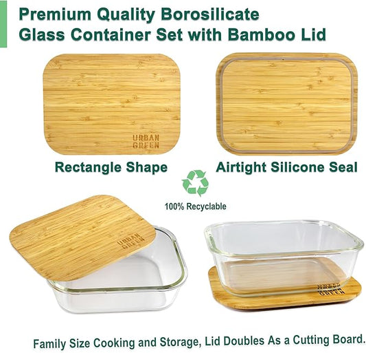 Urban Green Glass Food Storage Containers, XXLarge Size, 76oz/2260ml, 2 Pack - Bamboo Lids, Microwave & Freezer Safe, Meal Prep & Pantry Organization