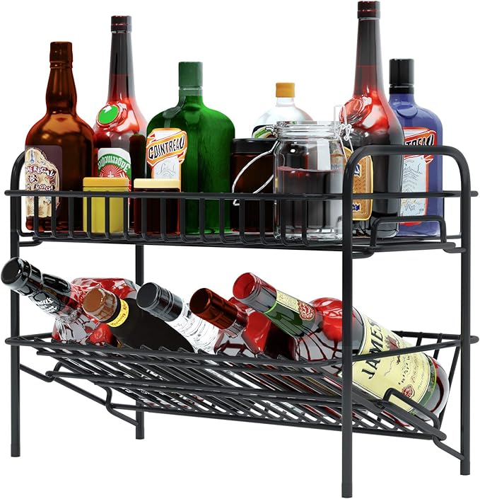 HengLiSam Spice Rack Organizer for Countertop, Heavy Duty Full Solid Metal Kitchen Shelves, 2 Tier Liquor Shelves Freestanding Holder Storage for Kitchen Cabinet Pantry Bottle Rack for Bathroom, Black