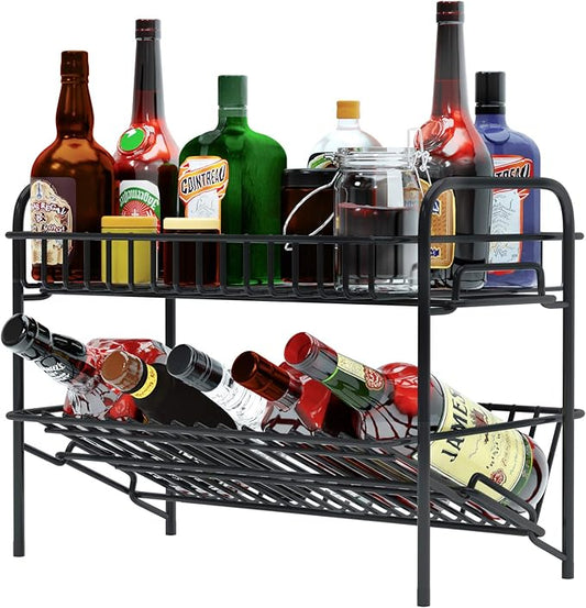 HengLiSam Spice Rack Organizer for Countertop, Heavy Duty Full Solid Metal Kitchen Shelves, 2 Tier Liquor Shelves Freestanding Holder Storage for Kitchen Cabinet Pantry Bottle Rack for Bathroom, Black