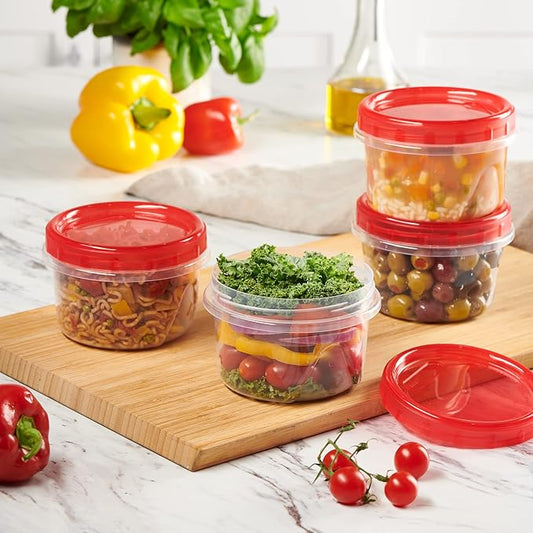 PLASTICPRO 6 Pack Twist Cap Food Storage Containers with Red Screw on Lid- 16 oz Reusable Meal Prep Containers - Freezer and Microwave Safe Red Plastic Food Storage