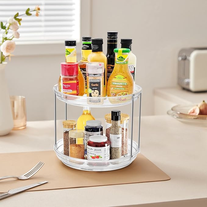 2-Tier Lazy Susan Turntable Organizer, 9.2'' Spice Rack for Cabinet, Rotating Medicine Cabinet for Condiment, Pill Bottle, Kitchen Pantry, Countertop, Bathroom, Makeup
