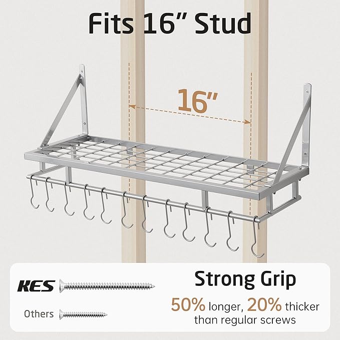 KES 30-Inch Silver Gray Pot Rack, Wall MountedHanging Pot and Pan Organizer with 12 Sturdy Hooks, Kitchen Wall Hanger Shelves Modern, KUR215S75A-SG