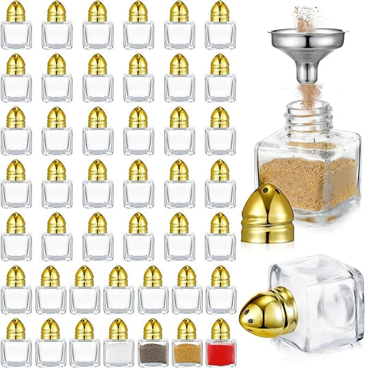 Maxcheck 50 Pcs 0.5 oz Small Cube Shape Salt and Pepper Shakers with Tone Tops Clear Mini Glass Seasoning Jars Spice Salt Shakers with Funnel for Home Wedding Party Restaurant Kitchen (Gold)