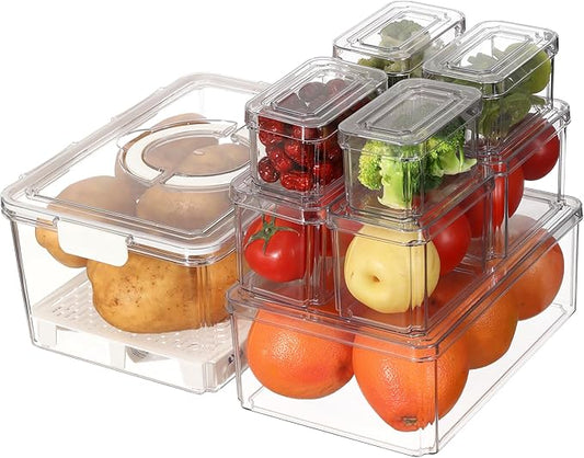 Taiuloo Airtight Fruit Storage Containers for Fridge with Lids & Handle, Refrigerator Organizers Storage Set of 10 - Clear Berry Vegetable Fresh Produce Saver, Stackable Fridge Organizer Bins