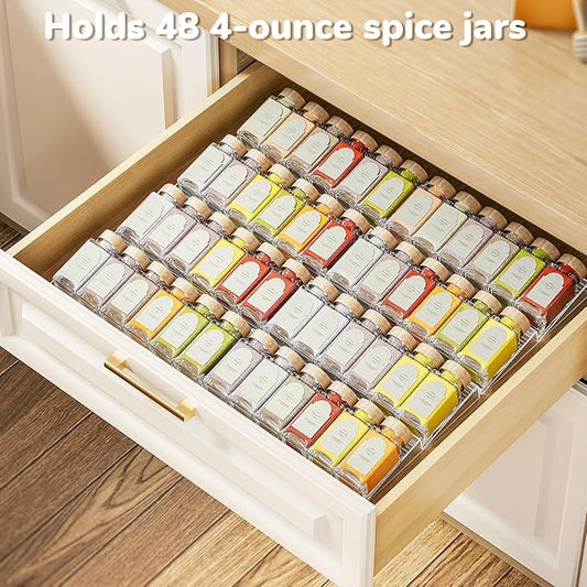 Spice Drawer Organizer 4-Pack, Expandable from 11" to 22" Clear Acrylic Spice Rack for Drawer, Ideal for Kitchen Spice Organization, Seasoning Organizer Holds Up to 48 Jars(Jars Not Included)