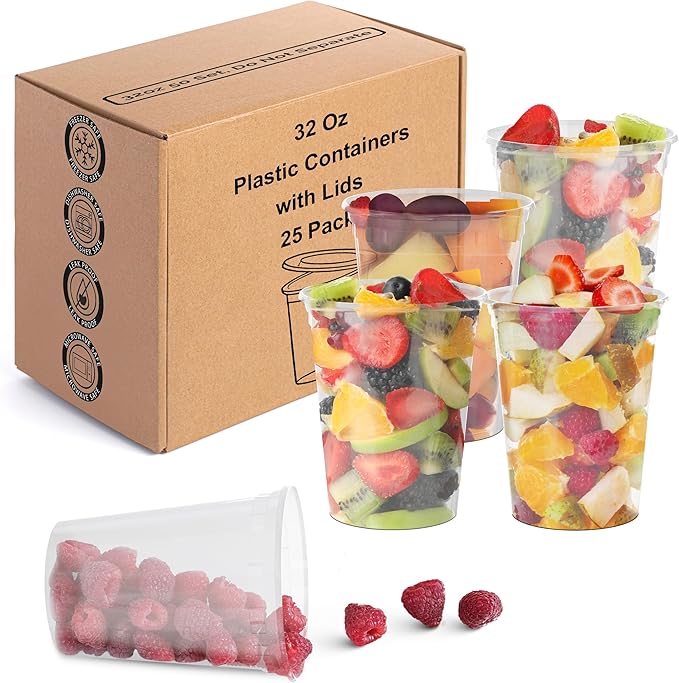 [50 Sets] 32 oz Deli Containers with Lids & Two (2) Label Sheets - Leakproof BPA-Free Plastic, Reuseable & Stackable Deli Containers with Lids 32 oz - Freezer and Dishwasher Safe (50)