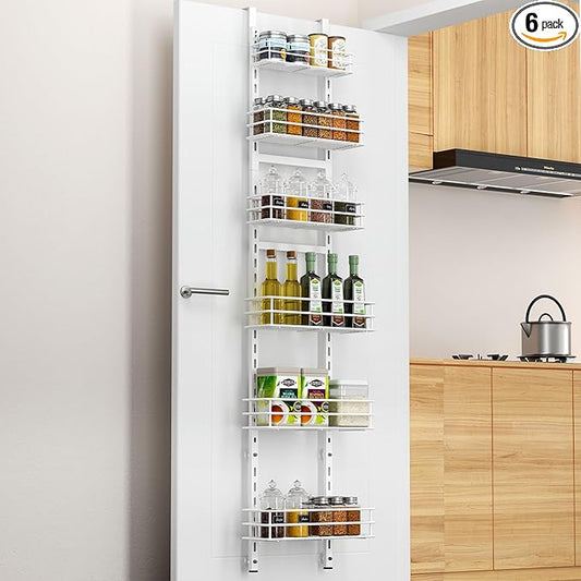 Pantry Door Organizer 12 Inch Wide, 6 Tier Hanging Adjustable Over the Door Spice Rack For Narrow Space,Matt White