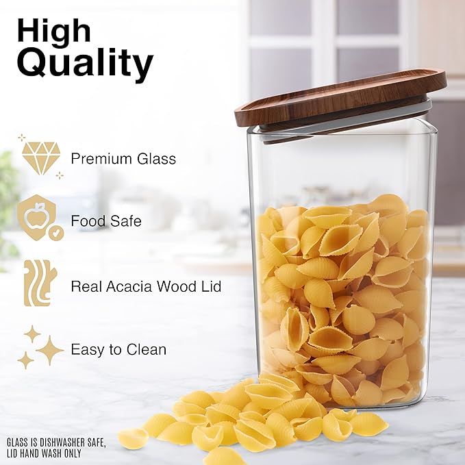 Square Glass Jars with Wood Lids Set of (2) 52 fl oz Airtight and Stackable ECO Storage Containers for Kitchen Pantry Wooden Lid BPA Free and Recyclable Canister for Food Cookies Coffee Beans