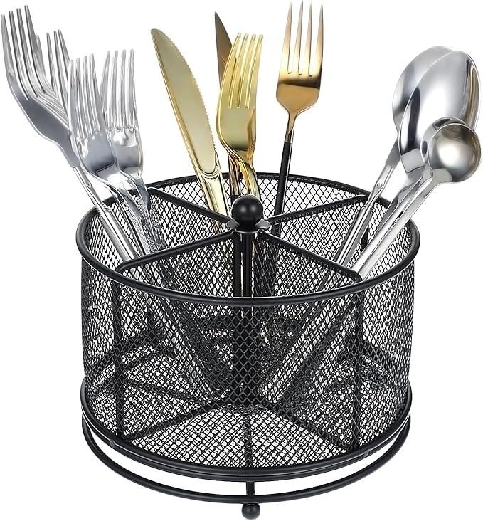 MAQUITA 360° Rotating Metal Utensil Caddy - 4 Compartment Silverware Cutlery Holder Rotation Fork Spoon Napkin Organizer Flatware Storage Basket Party Countertop Buffet Picnic Camping Outdoor Black