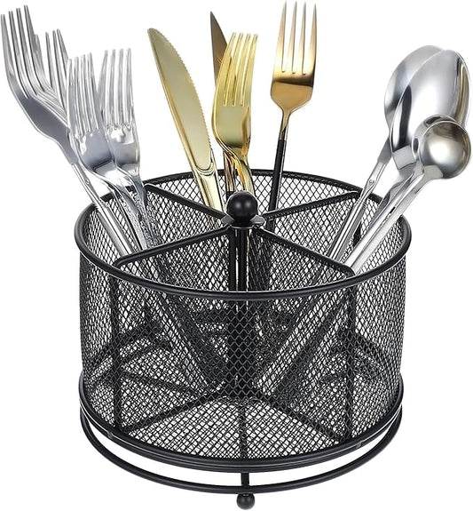 MAQUITA 360° Rotating Metal Utensil Caddy - 4 Compartment Silverware Cutlery Holder Rotation Fork Spoon Napkin Organizer Flatware Storage Basket Party Countertop Buffet Picnic Camping Outdoor Black