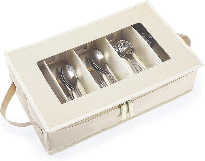 Flatware Utensil Storage Case, Beige Large Capacity Silverware Storage Box Chest with Adjustable Dividers, Removable Cutlery Storage Holder with Zipper Lid for Organizing Spoon/Flatware/Knives