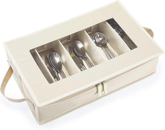 Flatware Utensil Storage Case, Beige Large Capacity Silverware Storage Box Chest with Adjustable Dividers, Removable Cutlery Storage Holder with Zipper Lid for Organizing Spoon/Flatware/Knives