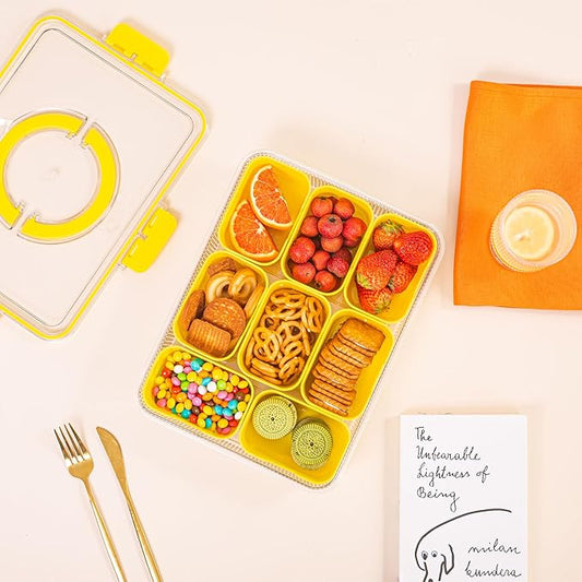 Patent Divided Serving Tray with Lid & Handle - Snackle Box Organizer for Charcuterie, Veggies, Fruits, Candy - Portable Food Storage for Travel, Beach, Picnics（1 pcs, Yellow）