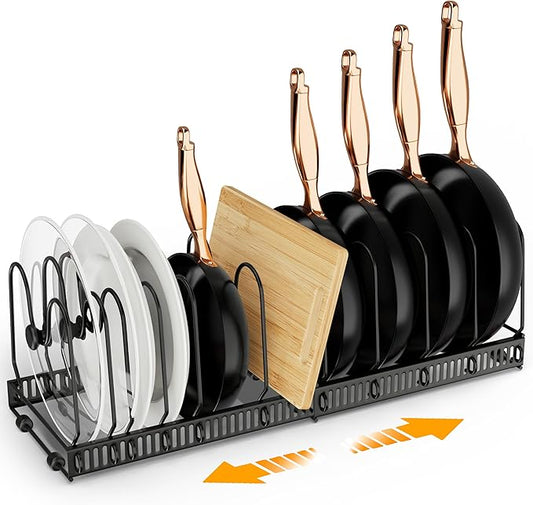 Pots and Pans Organizer, Expandable Rack with 11 Dividers for Bakeware and Lid Storage (Black)