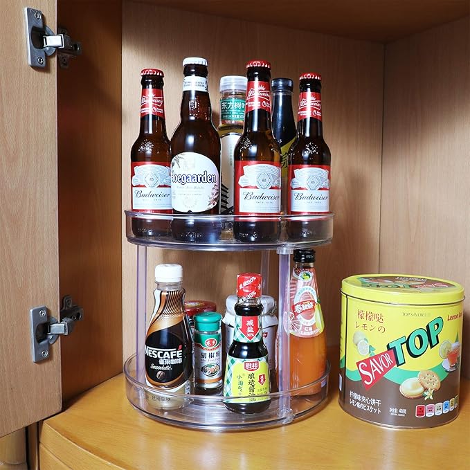Lazy Susan Condiments Organizer,2-Tier Spice Rack Storage Turntable for Cabinet,Fridge,Countertop,Pantry,Bathroom,11 inch Round, Clear