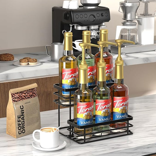 6 Bottle Coffee Syrup Organizer Rack, 2 Tier Coffee Syrup Stand Holder for Coffee Bar, Coffee Syrup Organizer for Countertop, Small Wine Rack for Family, Storage for Syrup, Dressing, Black