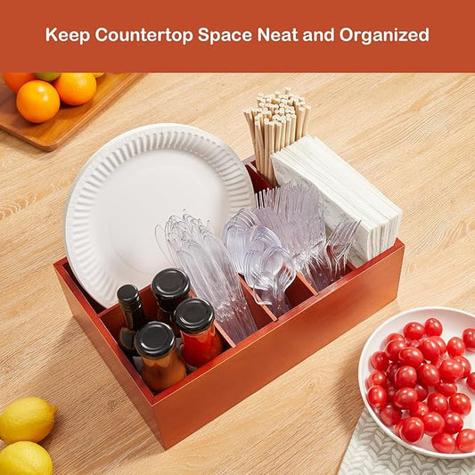 Paper Plate and Utensil Caddy for Party - Wooden Paper Plate Organizer for Countertop - Silverware Caddy with 6 Compartments for Cup Fork Spoon Napkin - Cutlery Holder for Kitchen Camping Buffet