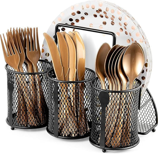 Metal Utensil Caddy Silverware Organizer, Paper Plate Holder Cutlery Container, Flatware Spoon Fork Storage for Outdoor Party Camping Picnic Buffet RV BBQ Farmhouse Kitchen Countertop (Black)
