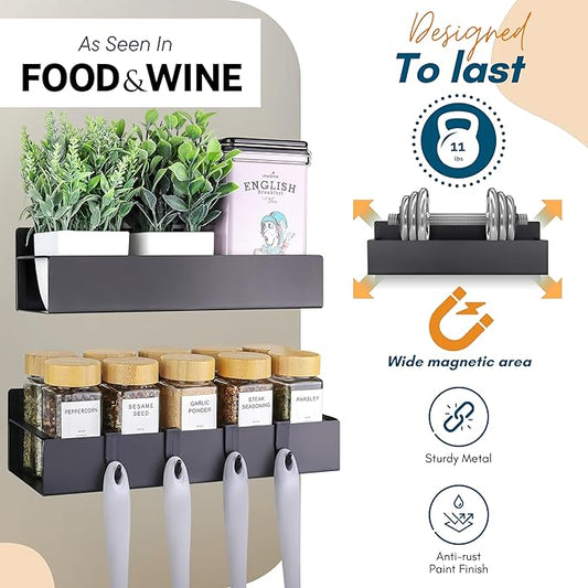 Magnetic Spice Rack for Refrigerator - Strong Magnetized Shelf for Fridge Storage - 2 Pack with 4 Moveable Hooks - Versatile Kitchen Organizer - Space-Saving Fridge Magnet Shelves