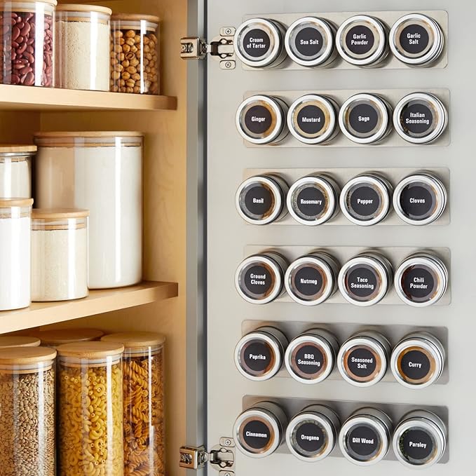 Talented Kitchen 24 Magnetic Spice Jars with Sift-and-Pour Lids for Refrigerator with 6 Metal Plate Bases and 269 Preprinted Seasoning Labels in 2 Styles for 3 oz Herb Containers