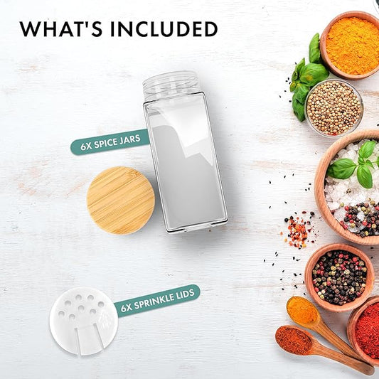 Glass Spice Jars and Bamboo Lids (6 x 4oz) Spice Containers with Shaker Inserts - Add-On Pack Without Labels or Accessories
