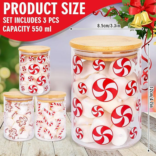 3Pcs Christmas Glass Storage Jars Red White Candy Cane Gingerbread Man Clear Canisters Sets with Airtight Lid for Xmas Home Kitchen Countertop Decor