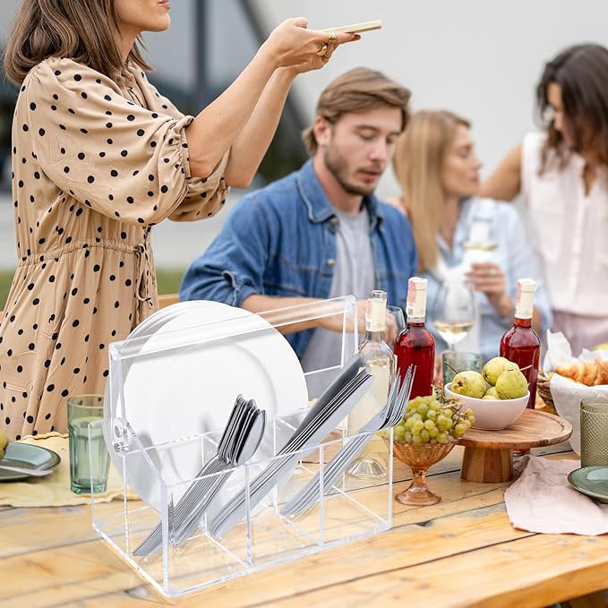 Silverware Organizer, Paper Plate Holders, Cutlery and Flatware Caddy for Countertop, Table, Buffet, and Picnic - Acrylic Party Utensil Holder for Knives, Forks, Spoons, Plates, Napkins
