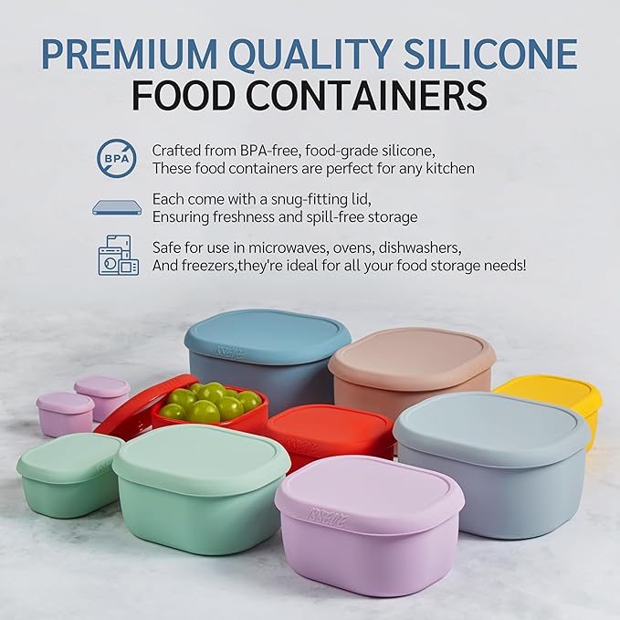 ISSEVE 12Pcs/Set Nesting Silicone Food Storage Containers with Lids, BPA Free Reusable Meal Prep Silicone Containers Airtight, Freezer Dishwasher Safe (33.8oz, 20oz, 10oz, 6.7oz, 1.3oz) (Yellow)
