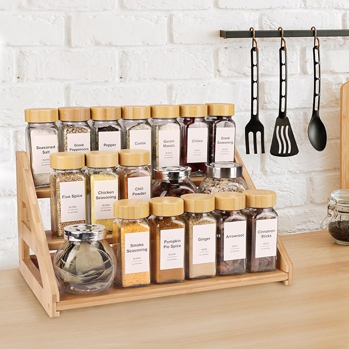 3-Tier Bamboo Spice Rack, Ideal for Kitchen Countertops, Cabinets & Pantries - Modern Design, Space-Saving (Spice Bottles Not Included)