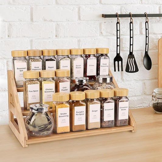 3-Tier Bamboo Spice Rack, Ideal for Kitchen Countertops, Cabinets & Pantries - Modern Design, Space-Saving (Spice Bottles Not Included)