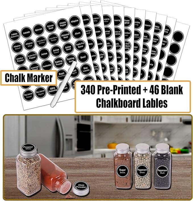 SWOMMOLY 25 Glass Spice Jars 8 oz Empty Spice Bottles with 713 Spice Labels, Chalk Marker and Funnel Complete Set. 25 Square Seasoning Containers with Airtight Cap, Pour/sift Shaker Lid