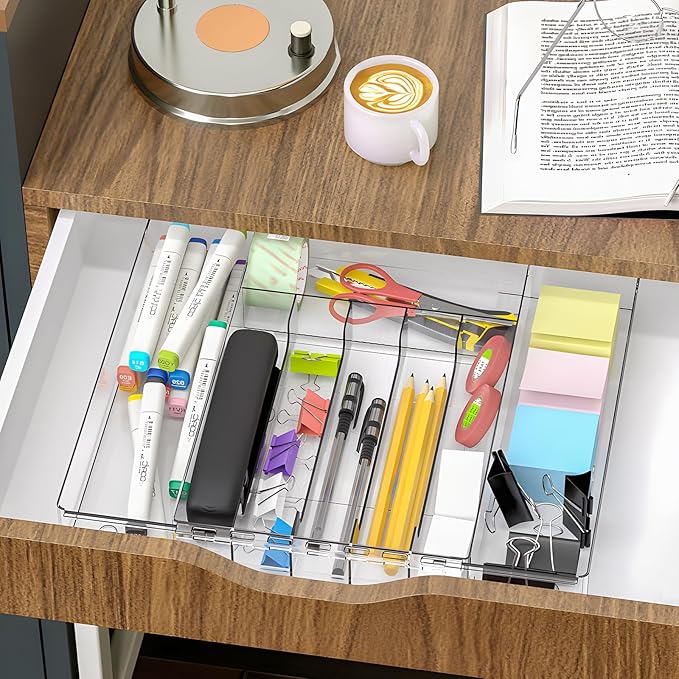 Silverware Drawer Organizer, Expandable Utensil & Cutlery Holder, Adjustable Plastic Tray for Forks&Spoons or Knives with Knife Blocks, Kitchen Storage Solution, Clear