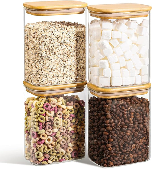 ComSaf 37oz Rectangle Glass Storage Containers with Lids, Glass Jars with Bamboo Lids, Clear Food Storage Jar, Sugar Coffee Containers, Pantry Container for Pasta Tea Candy Nut