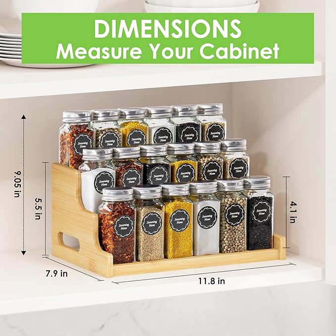 Bamboo Spice Rack Organizer for Cabinet, 3 Tier Wood Spice Shelf Organizer with 18 Spice Jars with Label Pack Included for Spice organization for cabinet Kitchen Countertop (Bamboo)