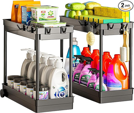2 Pack Under Sink Organizer, 2 Tier Bathroom Cabinet Organizers and Storage with Hook, Multi-purpose Storage Basket Shelf for Kitchen, Black