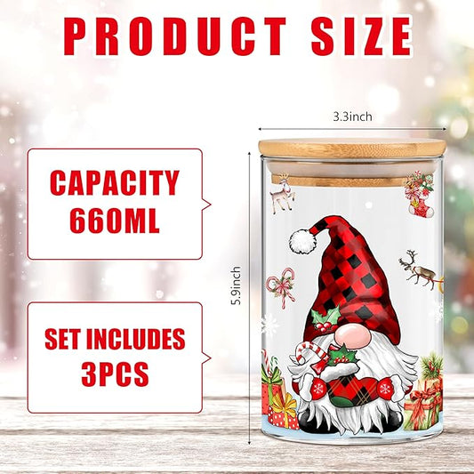 3 Pack Christmas Glass Storage Jars With Airtight Bamboo Lid Gnome Snowflakes Canister Sets for Kitchen Countertop Decor Cookie Jars Candy Containers