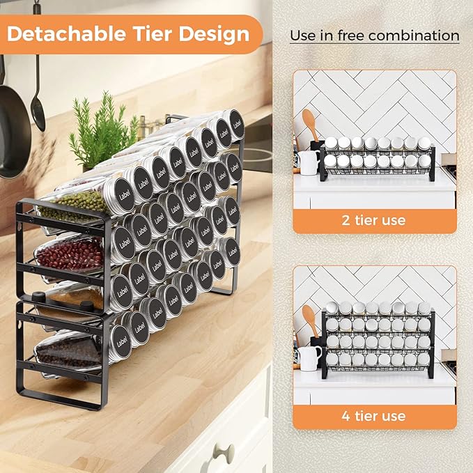 JONYJ Expandable Spice Rack Organizer for Cabinet, 4-tier Black Frosted Iron Countertop Stackable Seasoning Rack for Drawer, Wall Mount