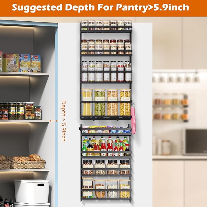 8-Tier-Wall-Mount-Spice-Rack-Organizer W/ Adjustable Basket&Fence, Large Over The Door Spice Seasoning Shelf For Pantry Kitchen, Hanging Spice Organization For Cabinet Door, Bathroom Door Storage