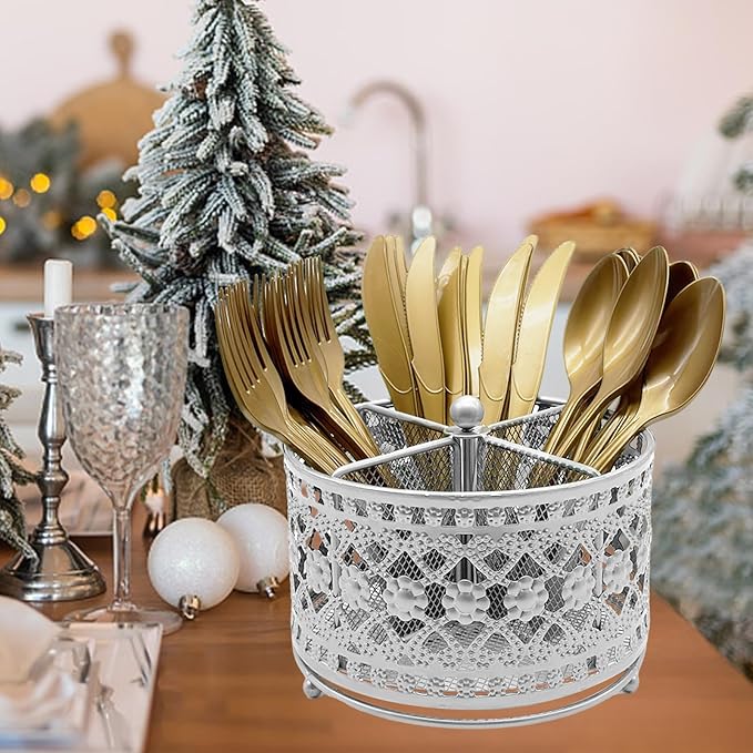 360° Rotating Metal Utensil Caddy - 4 Compartment Vintage Silverware Cutlery Holder Fork Spoon Napkin Organizer Flatware Storage Basket Party Countertop Buffet Picnic Camping Outdoor Silver