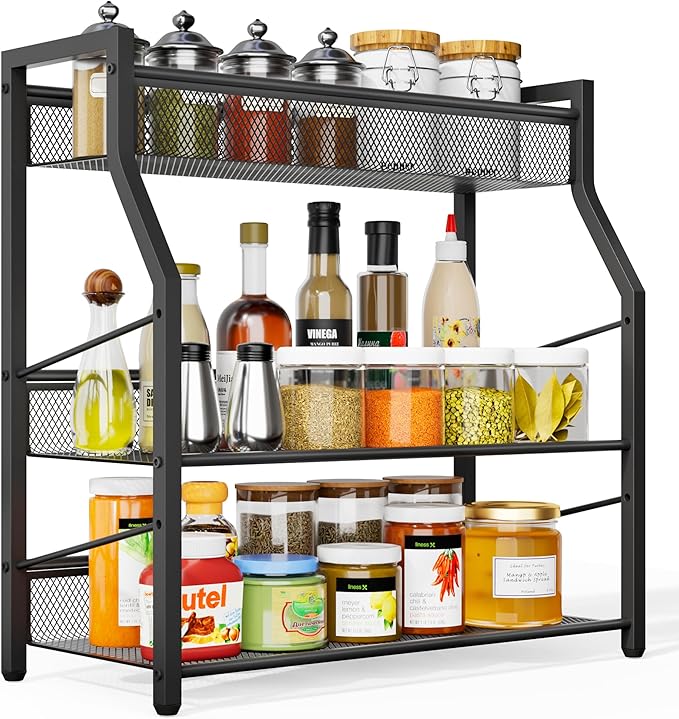 Dunatou 3 Tier Spice Rack, Kitchen Storage Organizer Shelf for Countertop, Metal Seasoning Storage Shelf with Guardrail and Mesh Design for Kitchen, Countertop, Dining Room, Black