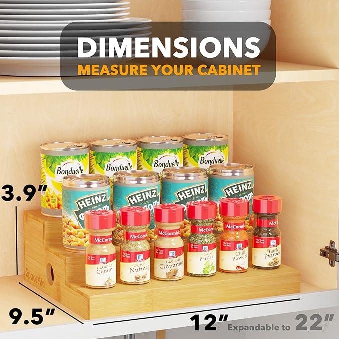 SpaceAid Bamboo Spice Rack Organizer for Cabinet, Kitchen Pantry Spices Storage Rack for Cabinets Organization, Home Seasoning Tiered Can Goods Racks Wood Shelf Organizers (3 Tier, Natural)