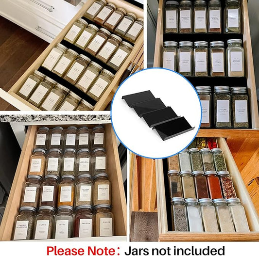 MIUKAA Black Spice Drawer Organizer, 2 Tier- 4 Pack Acrylic Drawer Seasoning Organizer, Expandable From 9'' to 18''Kitchen Spice Rack Tray for Drawer/Countertop (Jars not included)