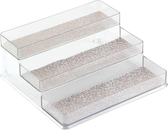 iDesign Twillo Plastic Stadium Spice Rack, 3-Tier Organizer for Kitchen Pantry, Cabinet, Countertops, Vanity, Office, Craft Room, 9.2" x 10" x 4", Metallico and Clear