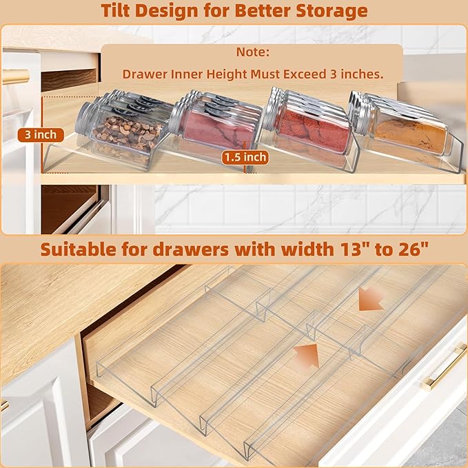 Goabroa Expandable Spice Organizer, 8 Pack 4 Tier Clear Spice Rack, 13" to 26" Wide, Kitchen Spice Organization for Drawer/Countertop