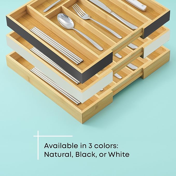 JoyJolt Bamboo Expandable Drawer Organizer for Kitchen Utensils, Adjustable Cutlery Tray, Bamboo Drawer Dividers Organizer for Silverware, Flatware, Knives in Kitchen, Bedroom (4-6 Slots)